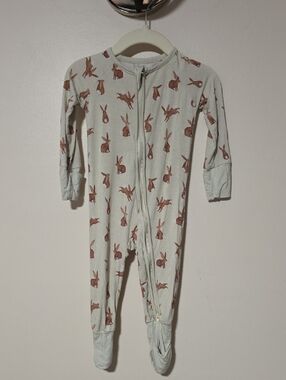 Light Greeb Footed Baby One-Piece with Brown Bunny Print - Kids One-Piece Footie